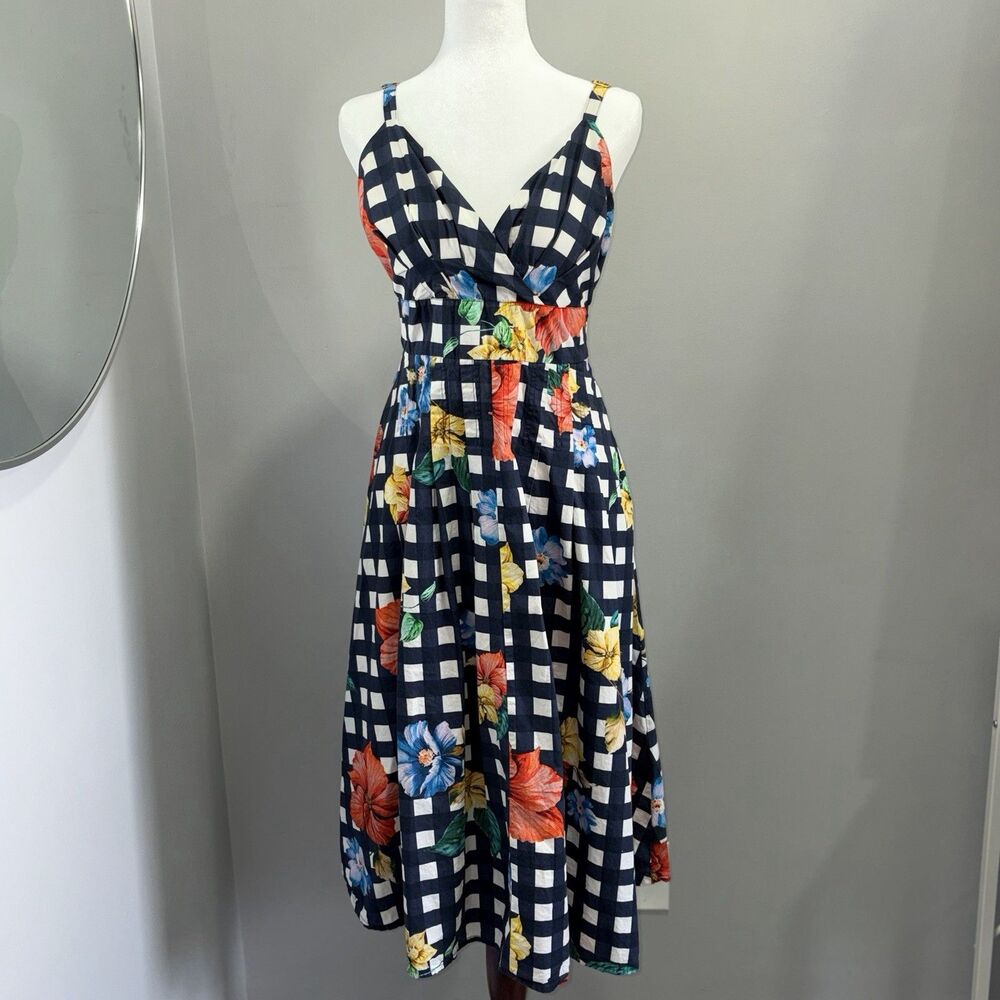 Boston Proper Floral Gingham Dress 8 Retro Pinup Rockabilly Cotton Summer Sun